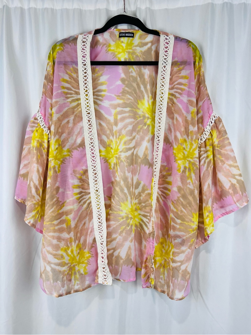 Steve Madden Open Front Crochet Trim Pink Yellow Tie-Dye Cardigan Like New